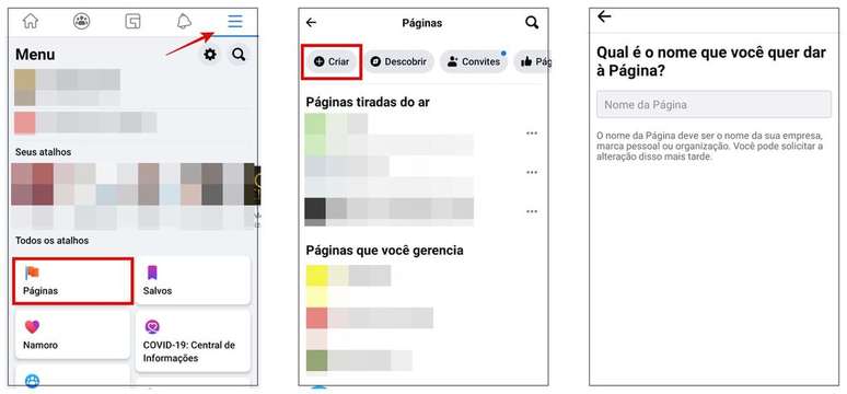 Acesse o menu do Facebook para iniciar a criar uma Página no Facebook (Captura de tela/Rodrigo Folter/Canaltech)