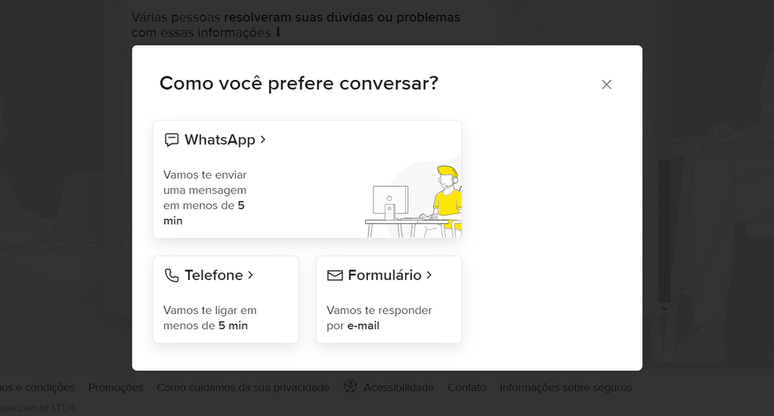 É possível solicitar contato por telefone, WhatsApp ou e-mail com o Mercado Livre (Imagem: Captura de tela/Guilherme Haas/Canaltech) 