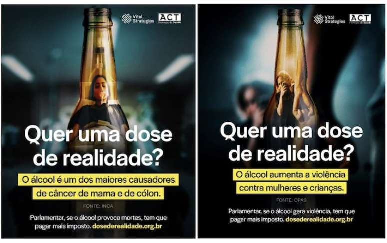 Imagens que serão usadas na campanha 'Quer uma dose de realidade?', pedindo a aplicação de alíquotas elevadas do Imposto Seletivo sobre as bebidas alcoólicas.