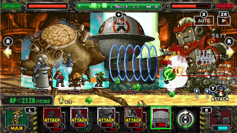 Trezentos personagens diferentes lutam nas batalhas de Tower Defense do game, que mantém o estilo de sprites 2D clássico de Metal Slug