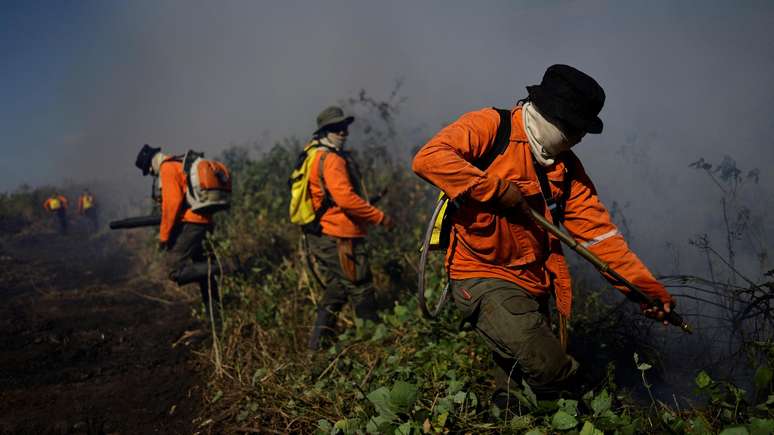 Brigadistas voluntários combatem foco de incêndio no Pantanal