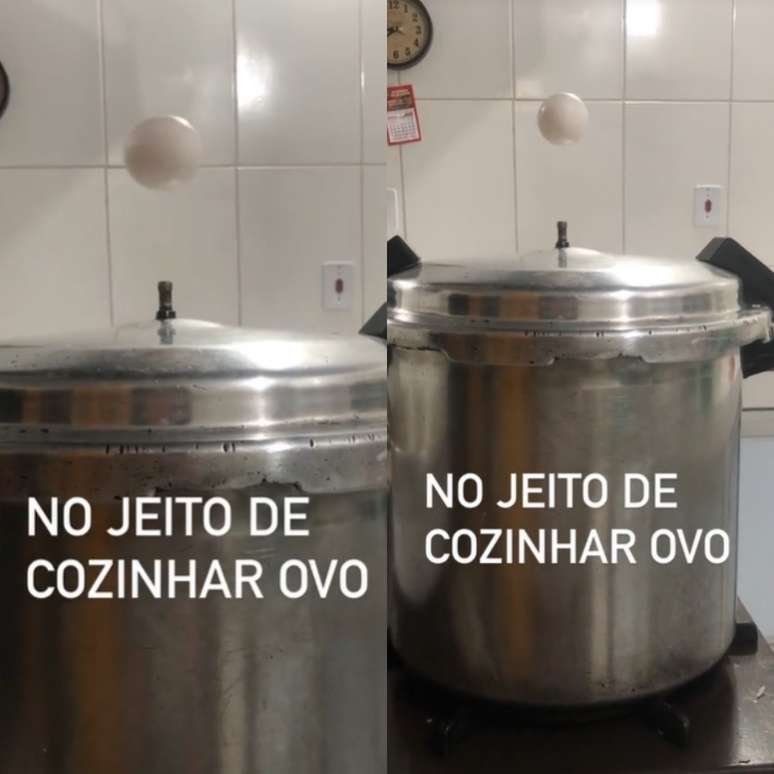 Mulher viraliza ao cozinhar ovo flutuando acima da panela de pressão