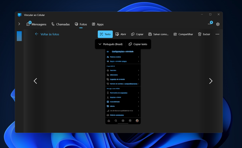 Abra o Seu Telefone para extrair textos de fotos no Windows 11 (Imagem: Captura de tela/André Magalhães/Canaltech)