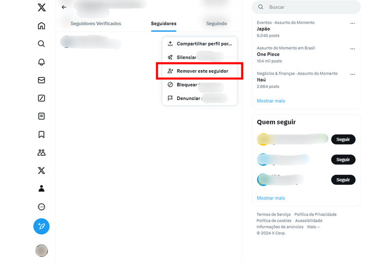 Após clicar no ícone de três pontos, basta selecionar a opção para remover o seguidor do seu perfil no X (Imagem: Captura de tela/Fabrício Calixto/Canaltech)