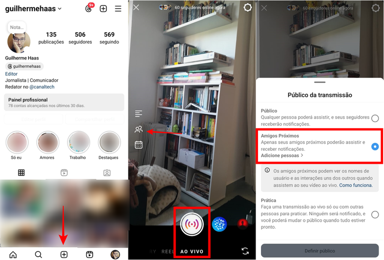 Opção de fazer live apenas para amigos próximos no Instagram (Imagem: Captura de tela/Guilherme Haas/Canaltech)