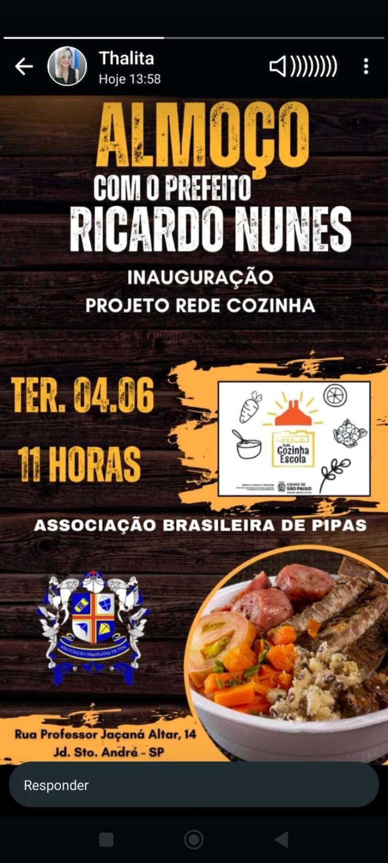 Propaganda distribuída em redes sociais de almoço com o prefeito Ricardo Nunes, promovido pela Associação Brasileira de Pipas