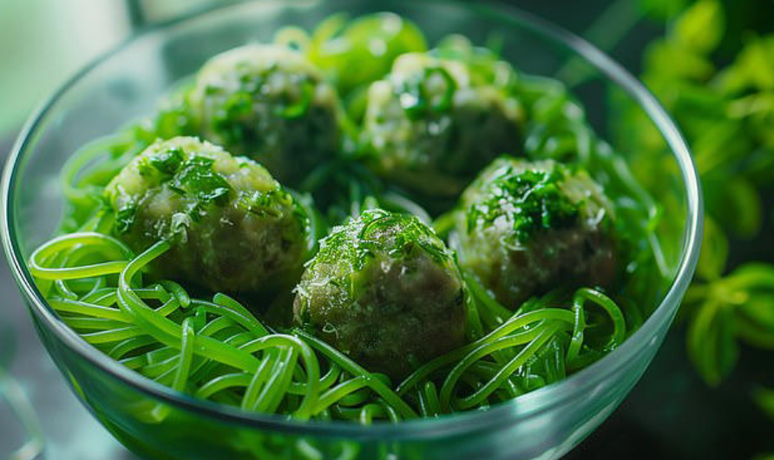 Macarrão verde com almôndegas de azolla