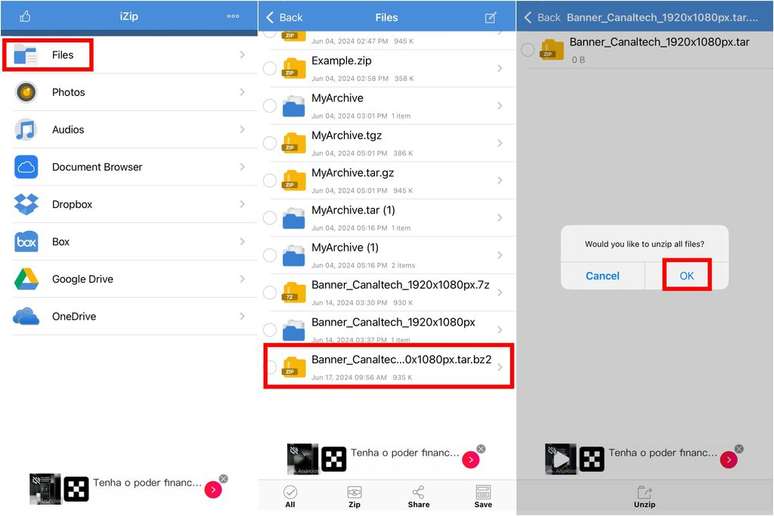 Você pode usar o app iZip para abrir arquivos TAR.BZ2 no iPhone (Imagem: Captura de tela/Guilherme Haas/Canaltech)