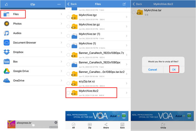 Você pode usar o iZip no iOS para abrir arquivos de diferentes extensões (Imagem: Captura de tela/Guilherme Haas/Canaltech)