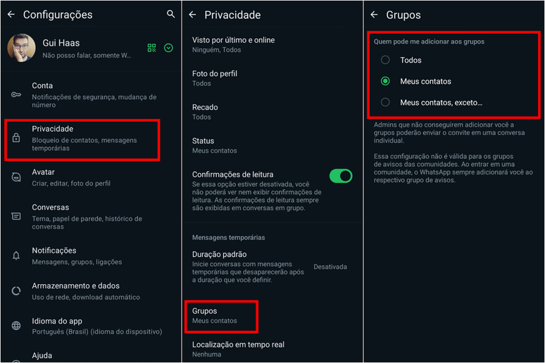 Altere quem pode adicionar você em grupos no WhatsApp (Imagem: Captura de tela/Guilherme Haas/Canaltech)