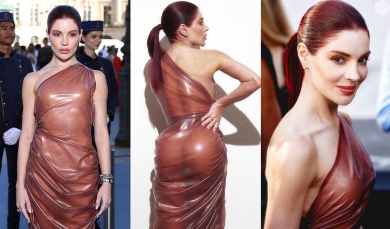 Gkay causa com vestido de látex de R$ 9 mil em Paris e web compara look com 'camisinha de chocolate': 'Preservativo humano'.