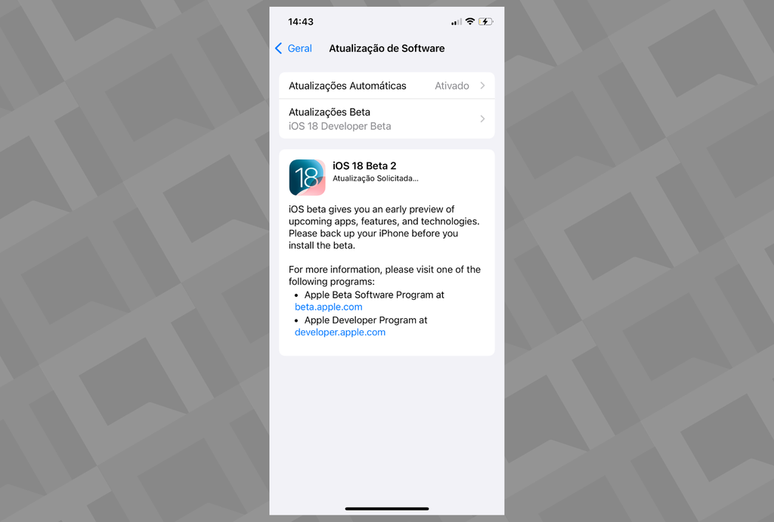 iOS versi Beta baru sekarang dapat diunduh oleh mereka yang terdaftar di Program Pengembang Apple (Gambar: Tangkapan Layar/Bruno de Blasi/Canaltech)