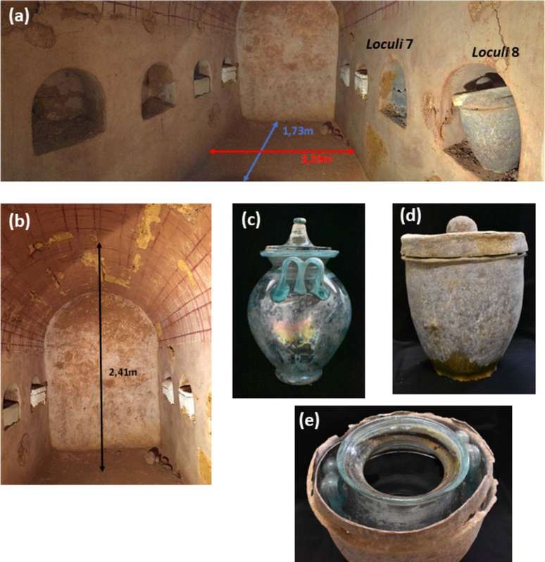 Imagens da urna com o vinho milenar e do mausoléu onde foi encontrada (Imagem: Cosano et al./Journal of Archaeological Science)
