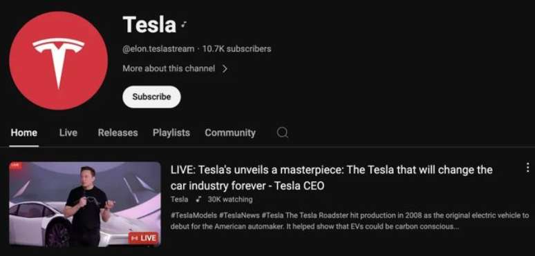 Perfil com verificação de artista foi invadido para mostrar live com deepfake de Elon Musk (Imagem: Reprodução/Endadget)