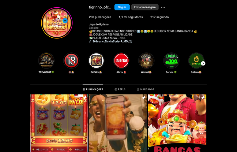 Perfis do Instagram são usados para divulgar o "Jogo do Tigrinho" (Imagem: Reprodução/Instagram)