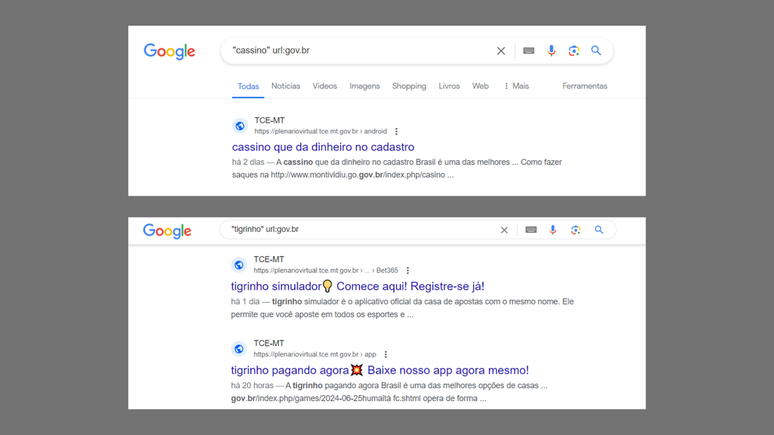 Sites no domínio Gov.br mostram links que promovem cassinos e "jogo do tigrinho"; TCE-MT disse que não encontrou resultados maliciosos (Imagem: Captura de tela/André Magalhães/Canaltech)
