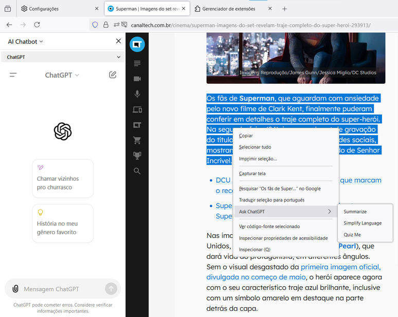 Você pode usar o ChatGPT livremente ou pedir para a IA resumir um texto selecionado no Firefox (Imagem: Captura de tela/André Magalhães/Canaltech)