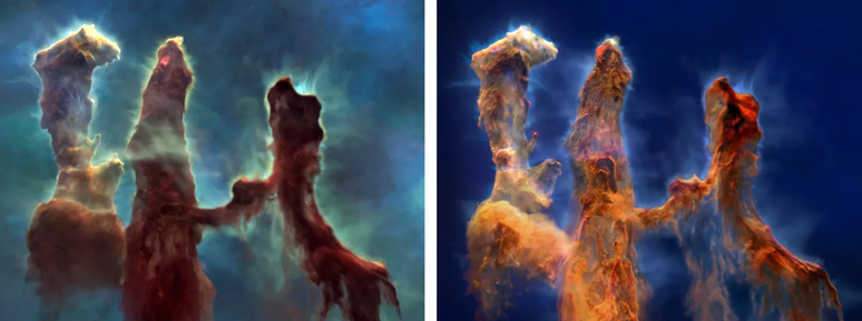 Modelo do Hubble à esquerda, versão Webb à direita (Imagem: divulgação/NASA)