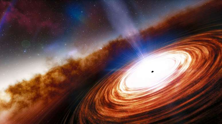 Conceito artístico de um quasar; o brilho é causado por plasma prestes a cair no buraco negro (Imagem: Reprodução/NOIRLab/NSF/AURA/J. da Silva)