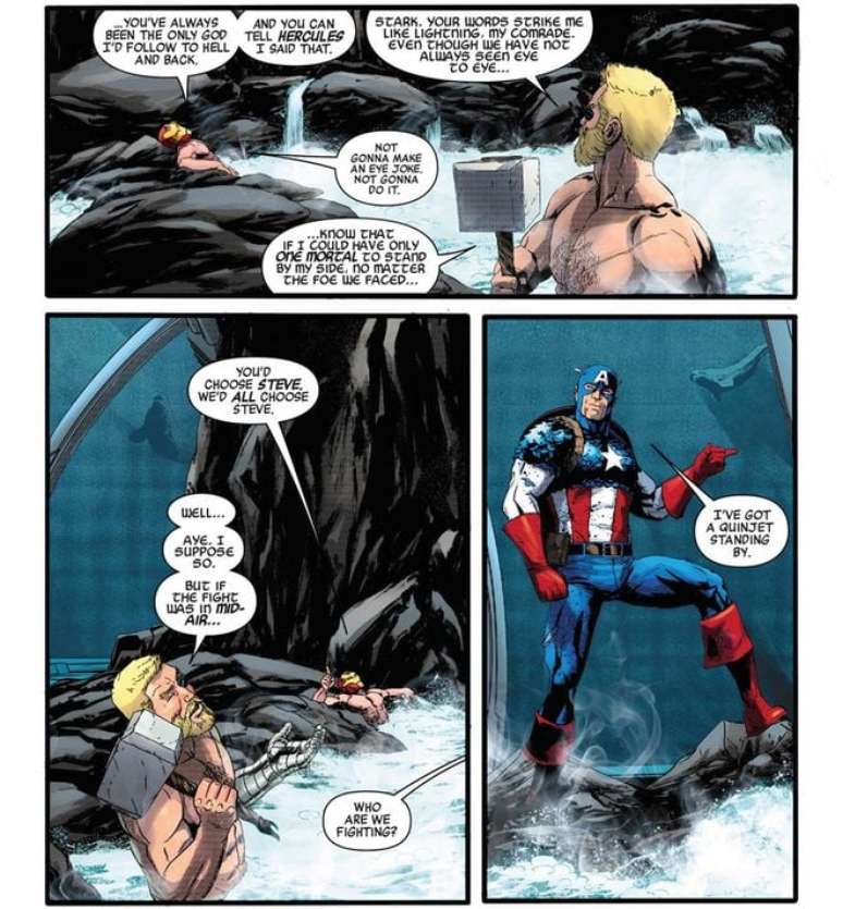 Homem de Ferro e Thor concordam que o Capitão América é o mais importante (Imagem: Reprodução/Marvel Comics)