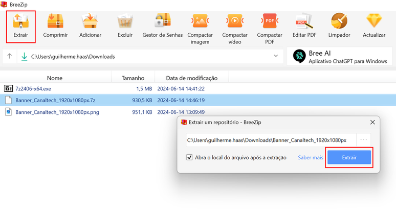 Você pode abrir um arquivo 7z pelo Windows com o BreeZip (Imagem: Captura de tela/Guilherme Haas/Canaltech)