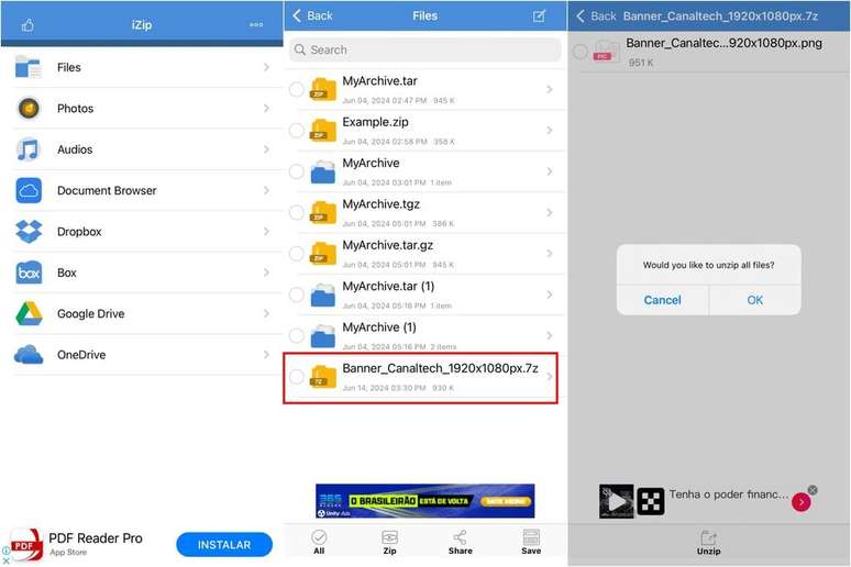 Utilize soluções como o iZip para abrir um arquivo 7z pelo iOS (Imagem: Captura de tela/Guilherme Haas/Canaltech)