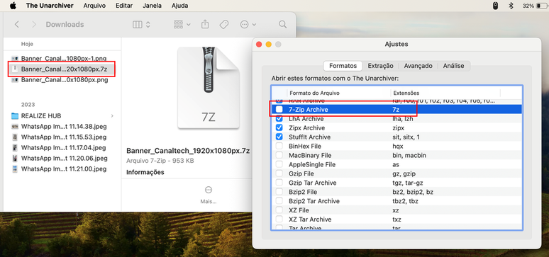 Es posible gestionar la apertura de archivos 7z en macOS con la aplicación The Unarchiver (Imagen: Captura de pantalla/Guilherme Haas/Canaltech)