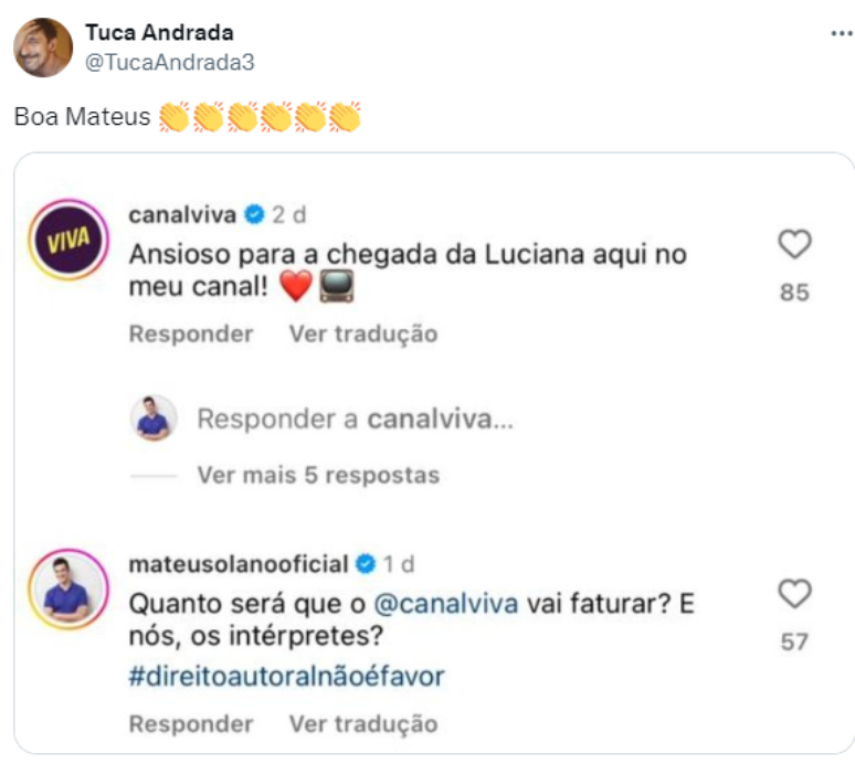 Tuca Andrada gostou da fala de Mateus Solano e compartilhou comentário 