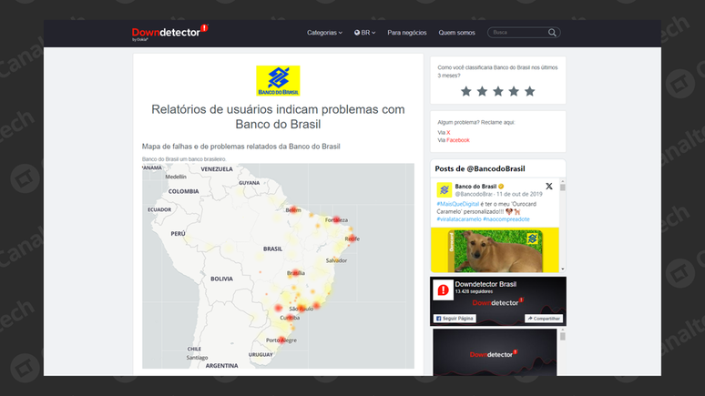Falhas no Banco do Brasil são notificadas em diversos estados brasileiros (Imagem: Reprodução/Downdetector)