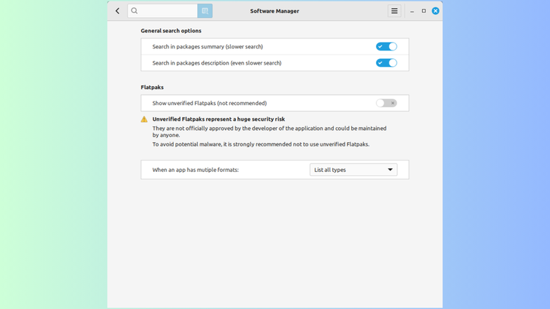 Linux Mint 22 desativa a exibição de repositórios do Flatpak não verificados por padrão (Imagem: Divulgação/Linux Mint)