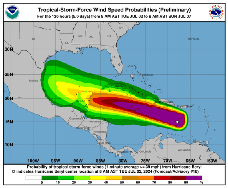 Furacão Beryl causa destruição no Caribe, avança para a Jamaica e pode chegar ao México (Imagem: NHC/NOAA)