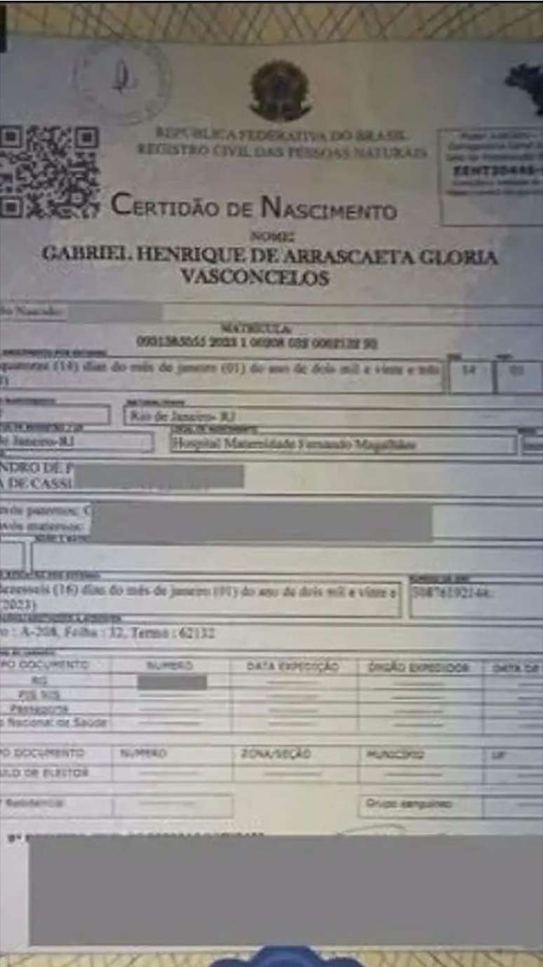 Certidão de nascimento mostra criança com nome em homenagem a Gabigol