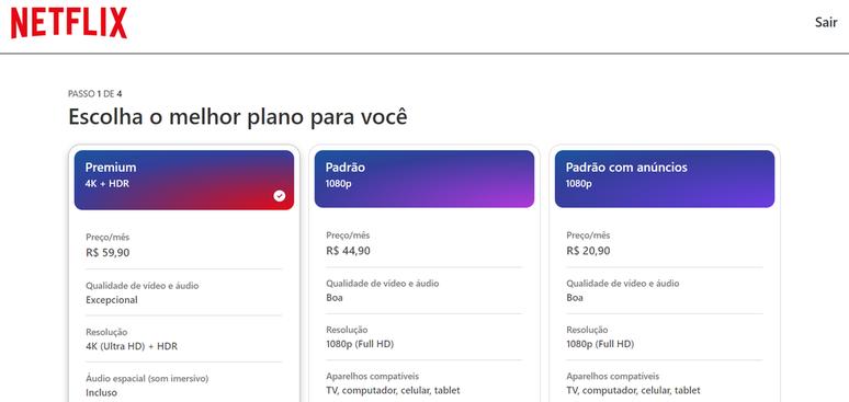 Escolha um plano para assinar a Netflix (Imagem: Captura de tela/Guilherme Haas/Canaltech)