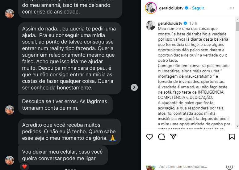 Geraldo Luís fez publicação no Instagram 