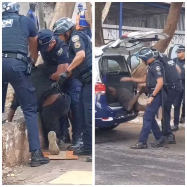 Agentes da Guarda Civil Metropolitana s&atilde;o flagrados abordando pessoas com trucul&ecirc;ncia em S&atilde;o Paulo durante a&ccedil;&atilde;o de zeladoria no centro da cidade.