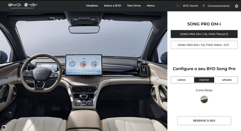 Interior do novo BYD Song Pro no site oficial do modelo