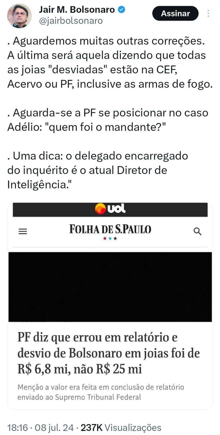Bolsonaro ironizou erro da PF nas redes sociais