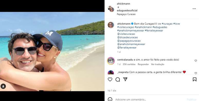 Ana Hickmann e Edu Guedes estão em Curaçao 