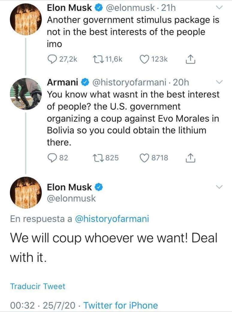 'Vamos dar um golpe em quem quisermos. Lidem com isso', postou Musk ao comentar política local após renúncia do ex-presidente Evo Morales