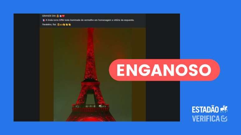 Imagem da Torre Eiffel com iluminação vermelha é de 2004 e não tem relação com eleições na França