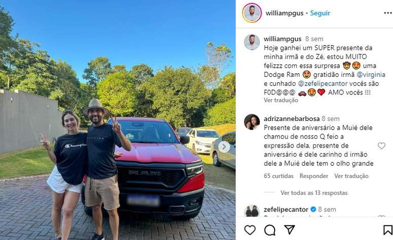 William P Gusm&atilde;o postou foto com Virginia Fonseca 
