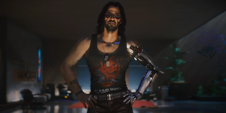 Interpretado por Keanu Reeves, Johnny Silverhand é o narrador fantasmagórico de Cyberpunk 2077