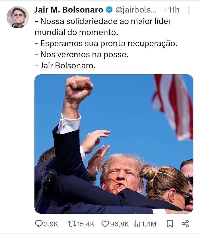 O ex-presidente Jair Bolsonaro publicou sua mensagem junto com uma foto de Donald Trump após o atentado