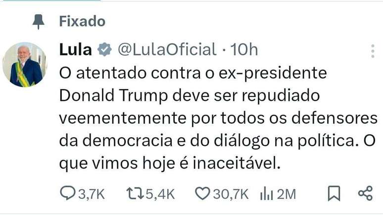 Publicação na conta oficial do presidente Lula na rede X (antigo Twitter)