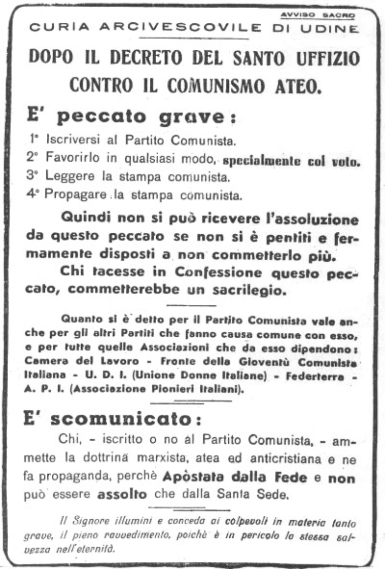 Reproduksi pemberitahuan tersebut tersebar di gereja-gereja di kawasan Udine, Italia, 75 tahun lalu