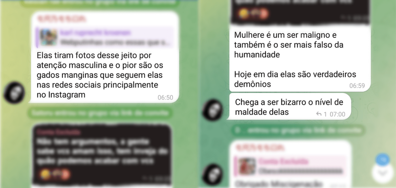 Usuário do grupo no Telegram discursa contra mulheres e o que chama de 'manginas' (junção das palavras 'man', homem em inglês, e vagina), termo empregado na 'machosfera' para homens que 'idolatram' mulheres