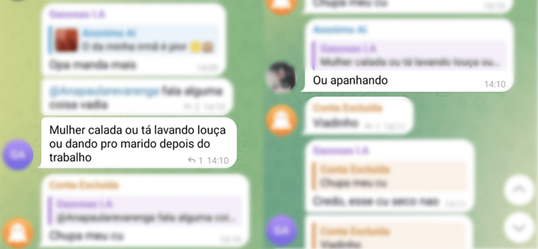 Conversa em um dos grupos do Telegram de pornô deepfake em que predomina discurso de ódio contra mulheres