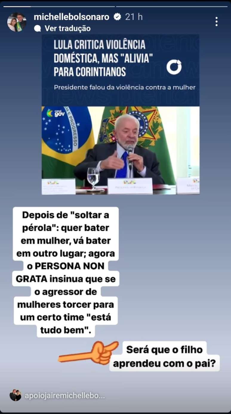 Michelle Bolsonaro critica no Instagram fala do presidente Luiz Inácio Lula da Silva (PT) sobre violência contra mulher