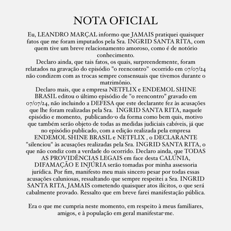 Nota de defesa de Leandro Marçal