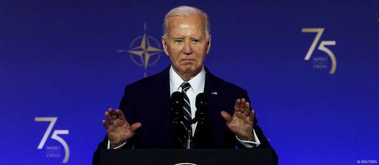 Biden durante cúpula da Otan em Washington: confusão com nomes de Kamala e Trump